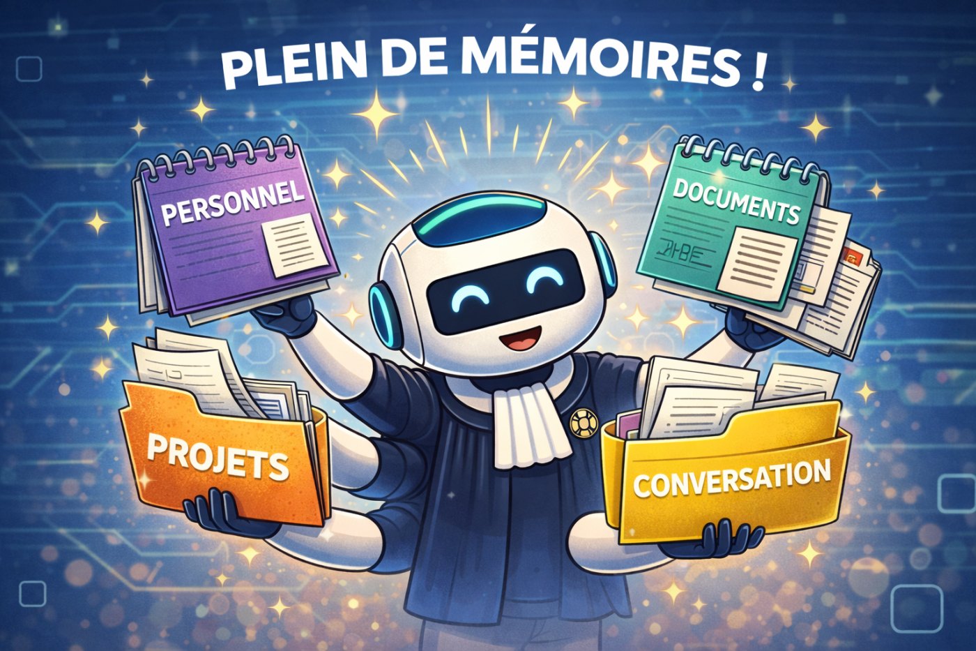 Robot souriant en tenue professionnelle tenant des objets mémoire liés à l'usage de ChatGPT.