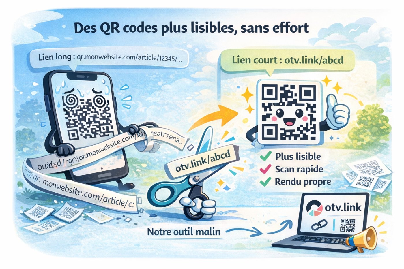 Création de QR codes lisibles et efficaces avec des liens courts.