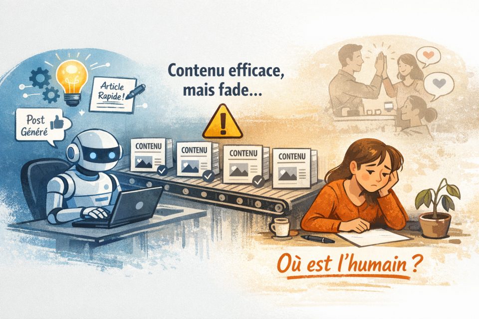 Illustration comparant la production de contenu par l'IA et par l'humain.