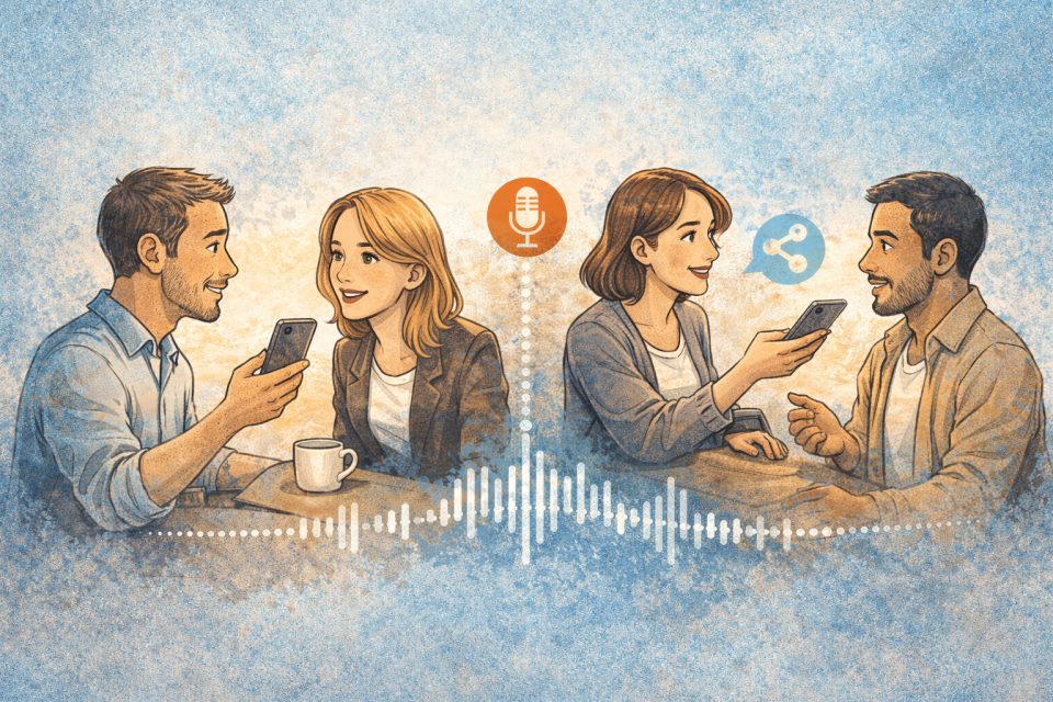 Deux scènes de conversation avec des smartphones, symbolisant l'utilisation de l'IA pour générer du contenu.