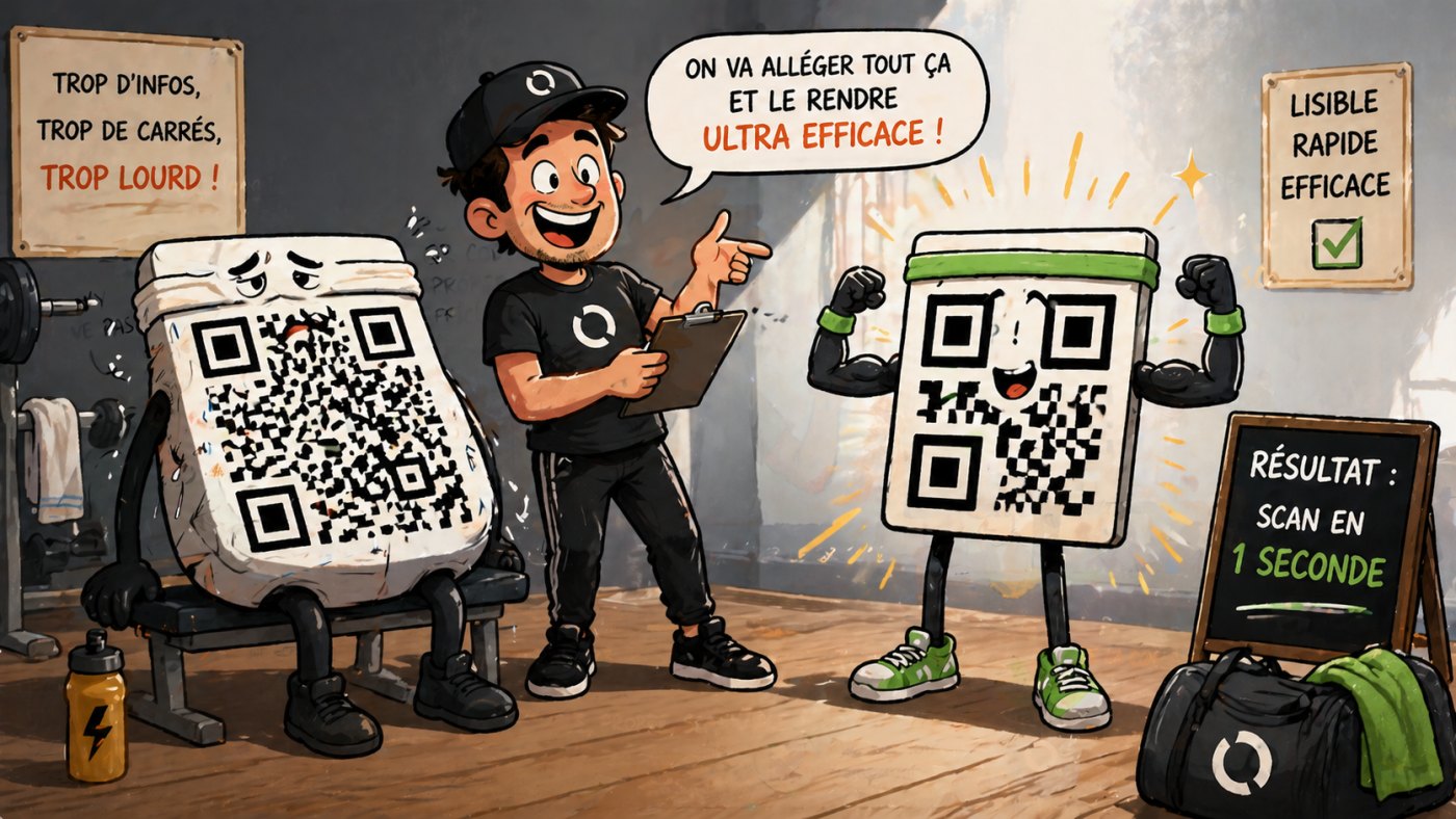Personnage dans un gymnase avec QR codes lisibles et efficaces