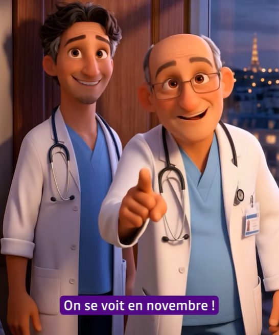 Deux personnages animés en blouses blanches, l'un jeune et l'autre âgé, souriants devant une vue nocturne de Paris avec la Tour Eiffel.