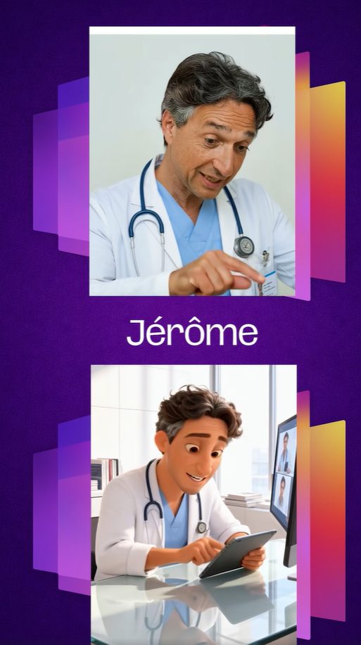 Deux images d'un médecin, Jérôme, l'une réaliste avec un stylo, l'autre animée avec une tablette.