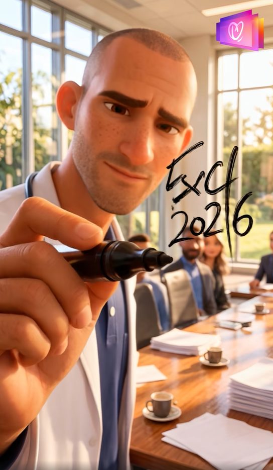 Personnage animé en chemise blanche et cravate bleue signant un document Excel 2026 à une table de réunion.
