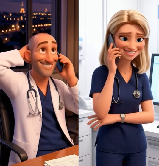 Deux personnages animés, un homme et une femme en tenues médicales, discutant au téléphone dans un bureau professionnel.