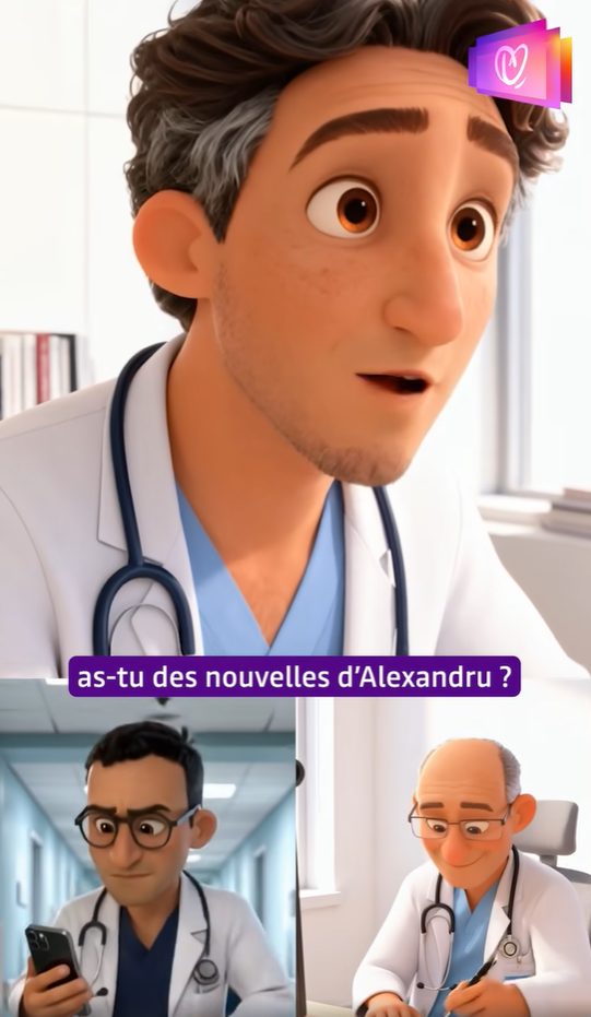 Trois personnages en blouses médicales dans une scène animée, le personnage central portant un stéthoscope.