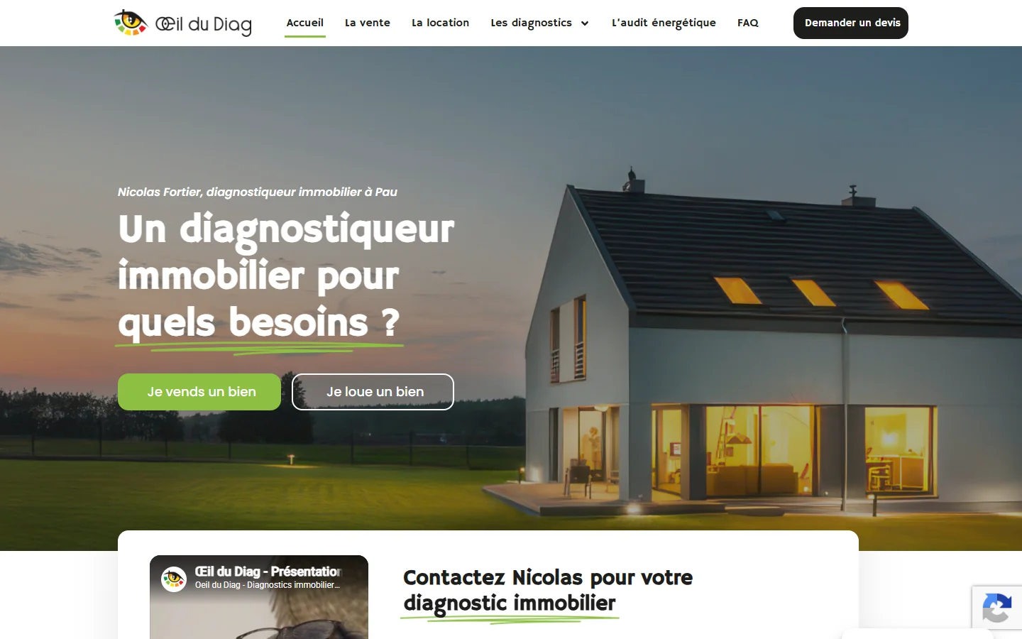 Page d’accueil du site L’Œil du Diag, conçue autour des besoins de vente et de location