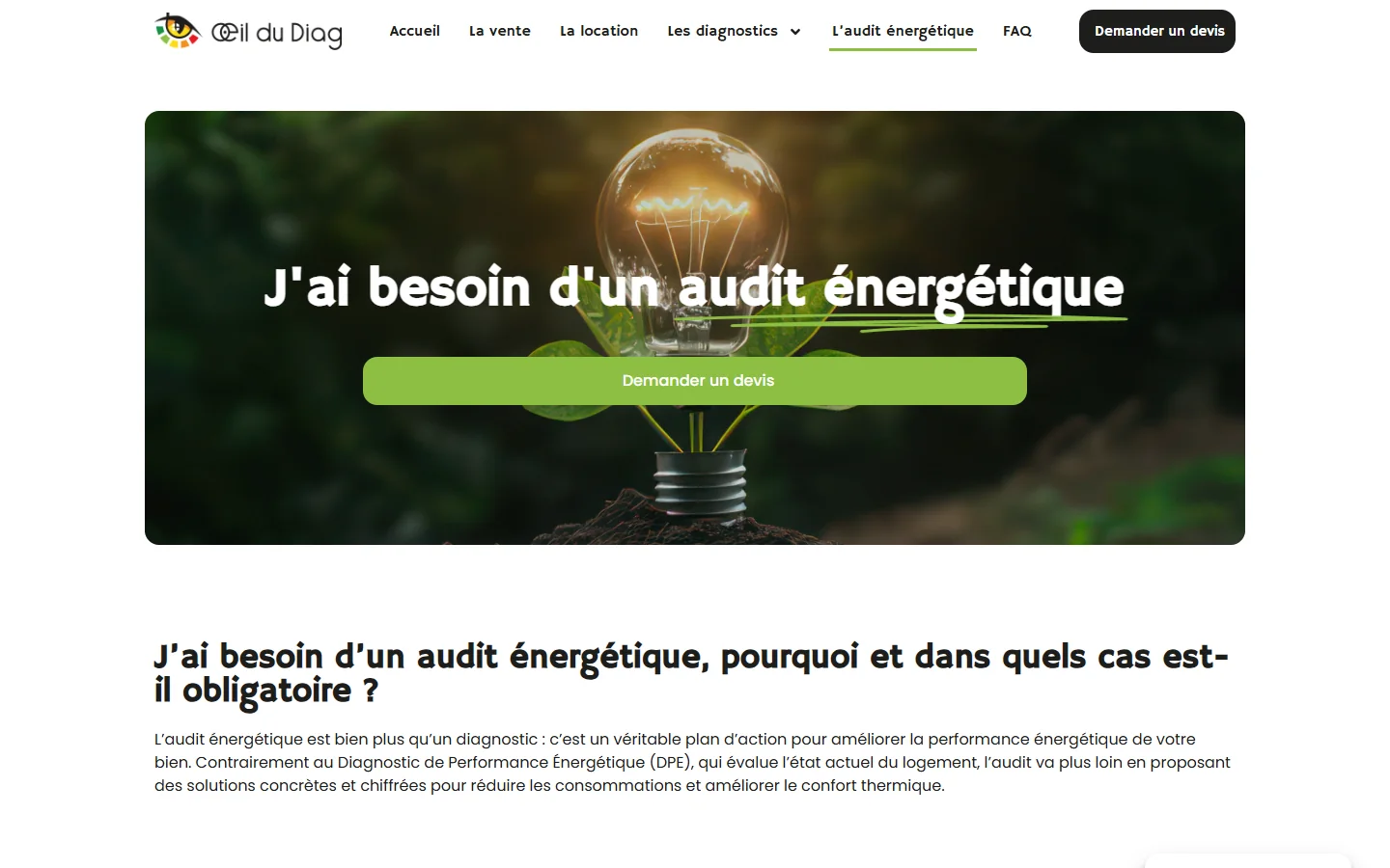 Page du site L’Œil du Diag consacrée à l’audit énergétique